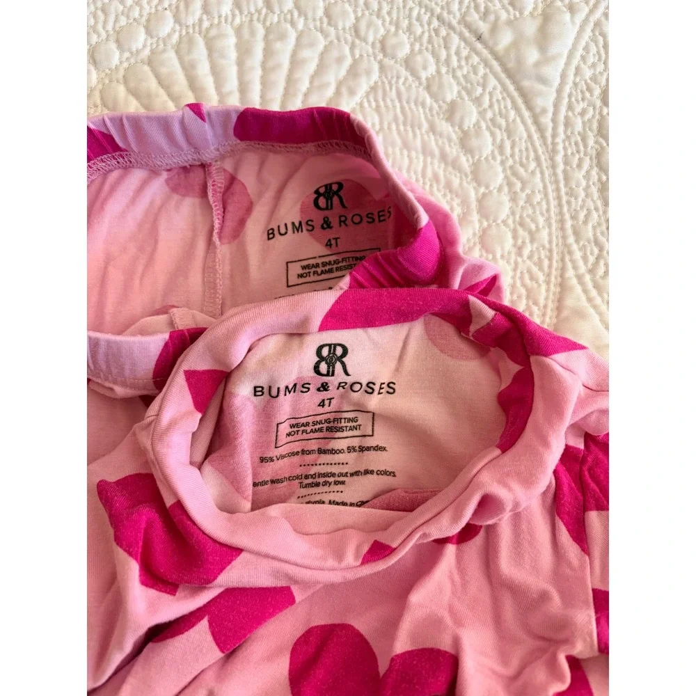 Bums & Roses Bamboo Pajama Set Pink Hearts Long Sleeve Pants 4T